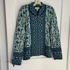 Beautiful soft fitted knit floral zip up cardigan in blue/green/teal, size 10p